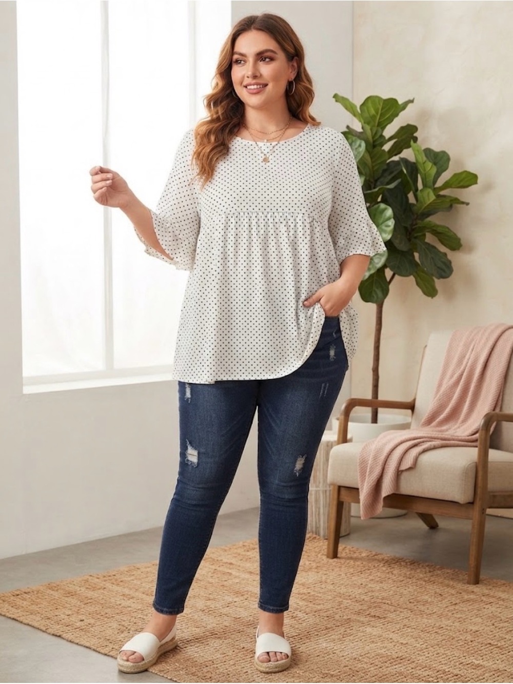 Chic Soul White & Black Polka Dot Ruffle Sleeve Babydoll Top 3XL Aesthetic